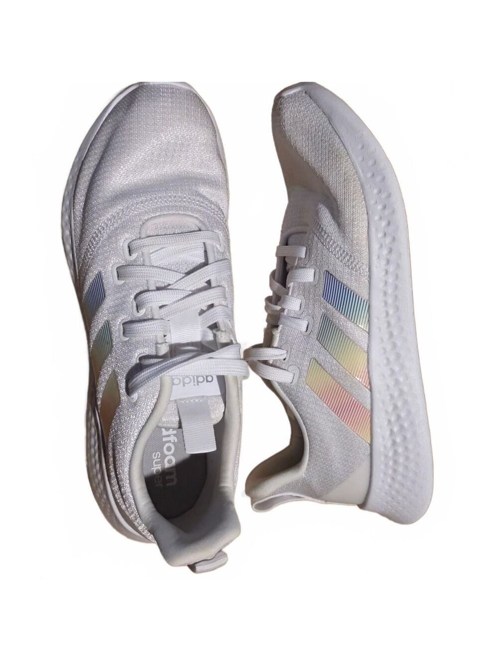 Wmn's 9 - Adidas White Running Shoes with Iridescent Stripes